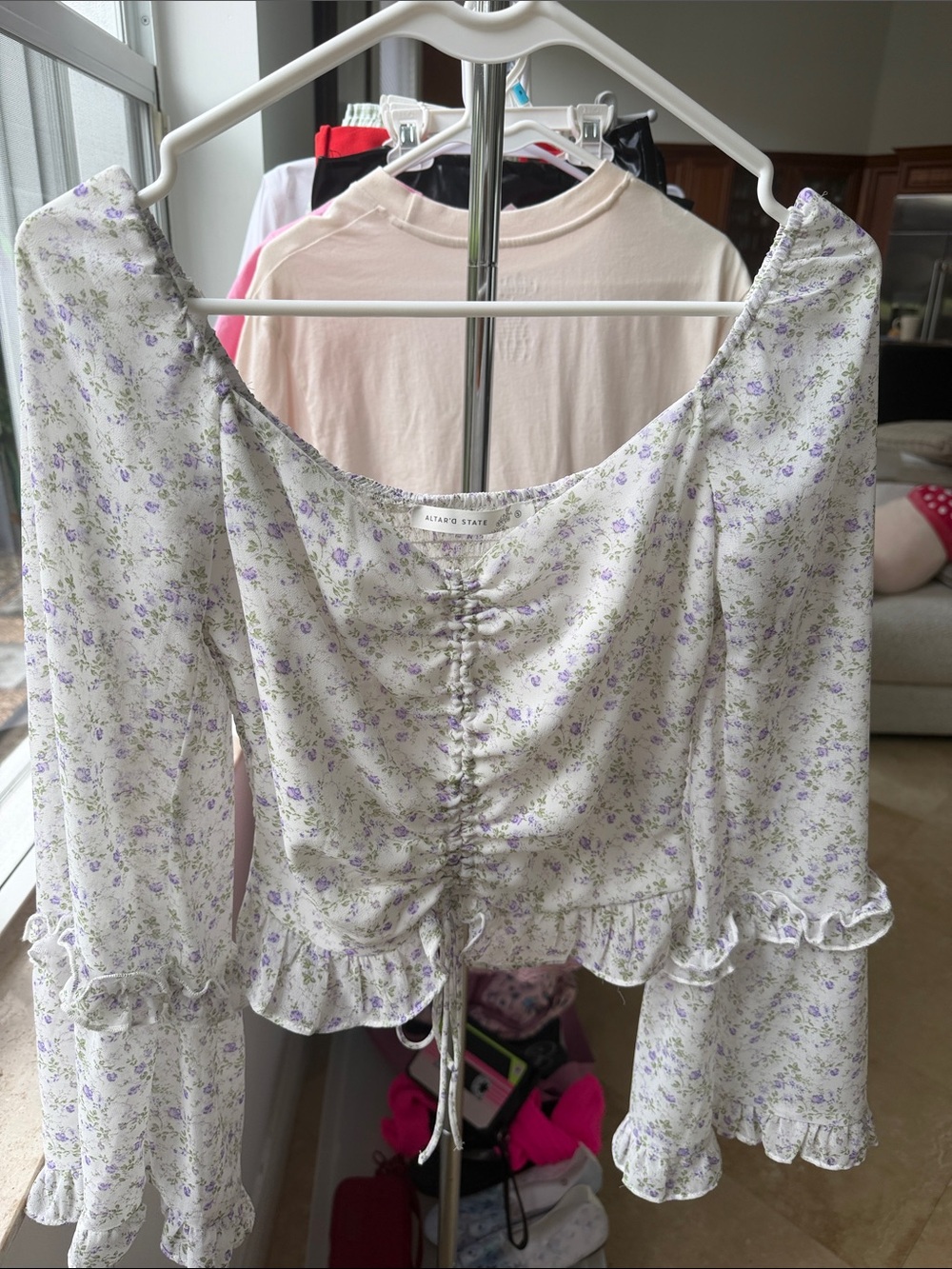 Altar'd State Lavender Floral Ruched Peasant Blouse